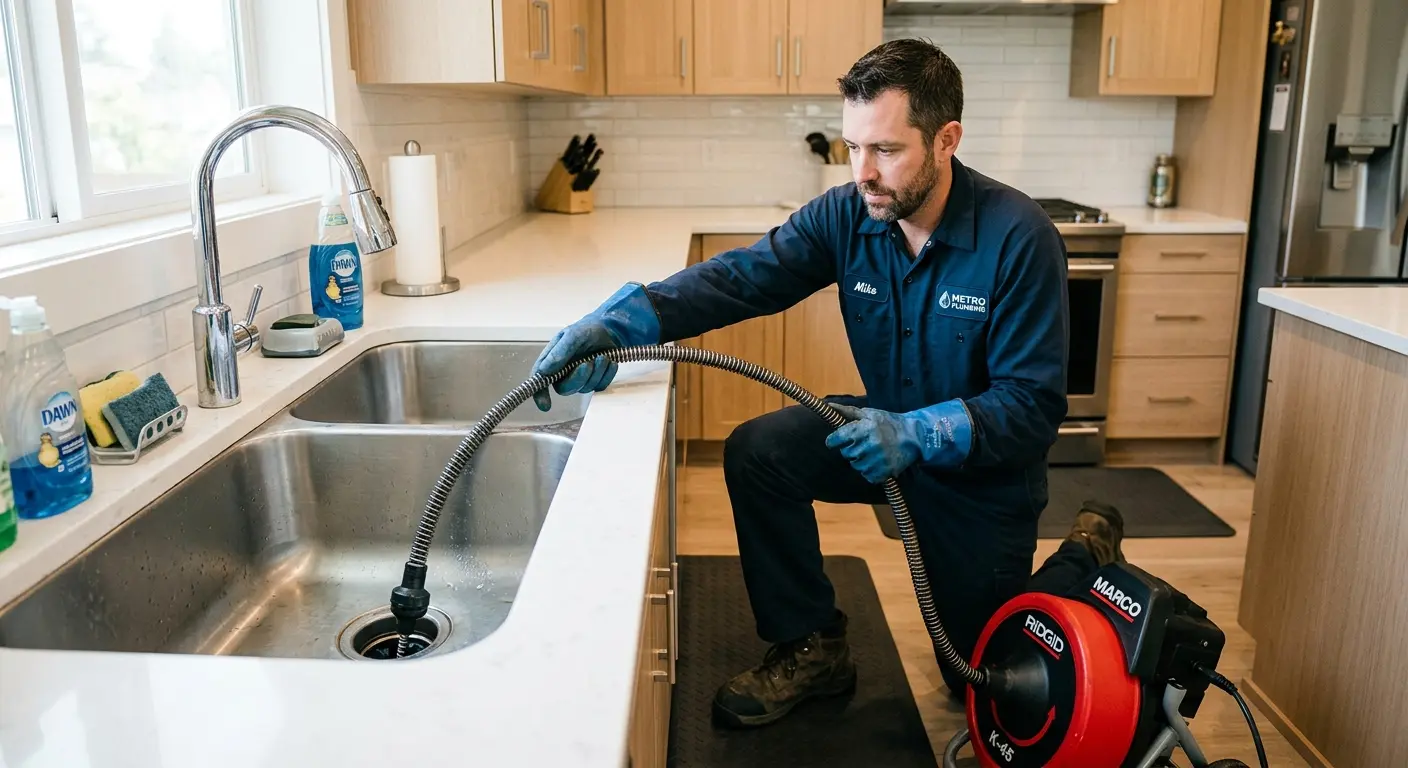 Drain cleaning technician using a motorized snake on a kitchen sink in Homer