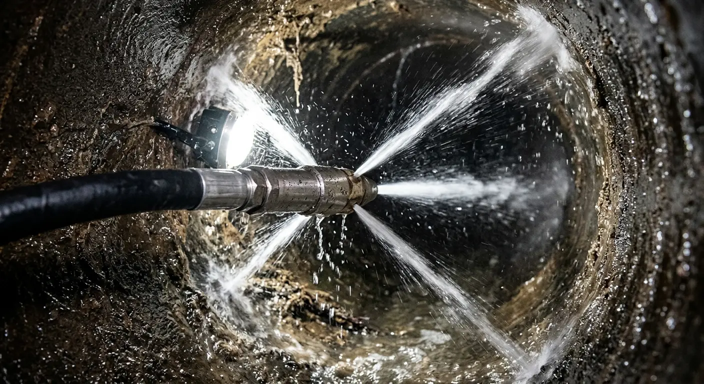 High-pressure hydro jetting nozzle cleaning sewer pipe for Sewer Cleanout in Homer