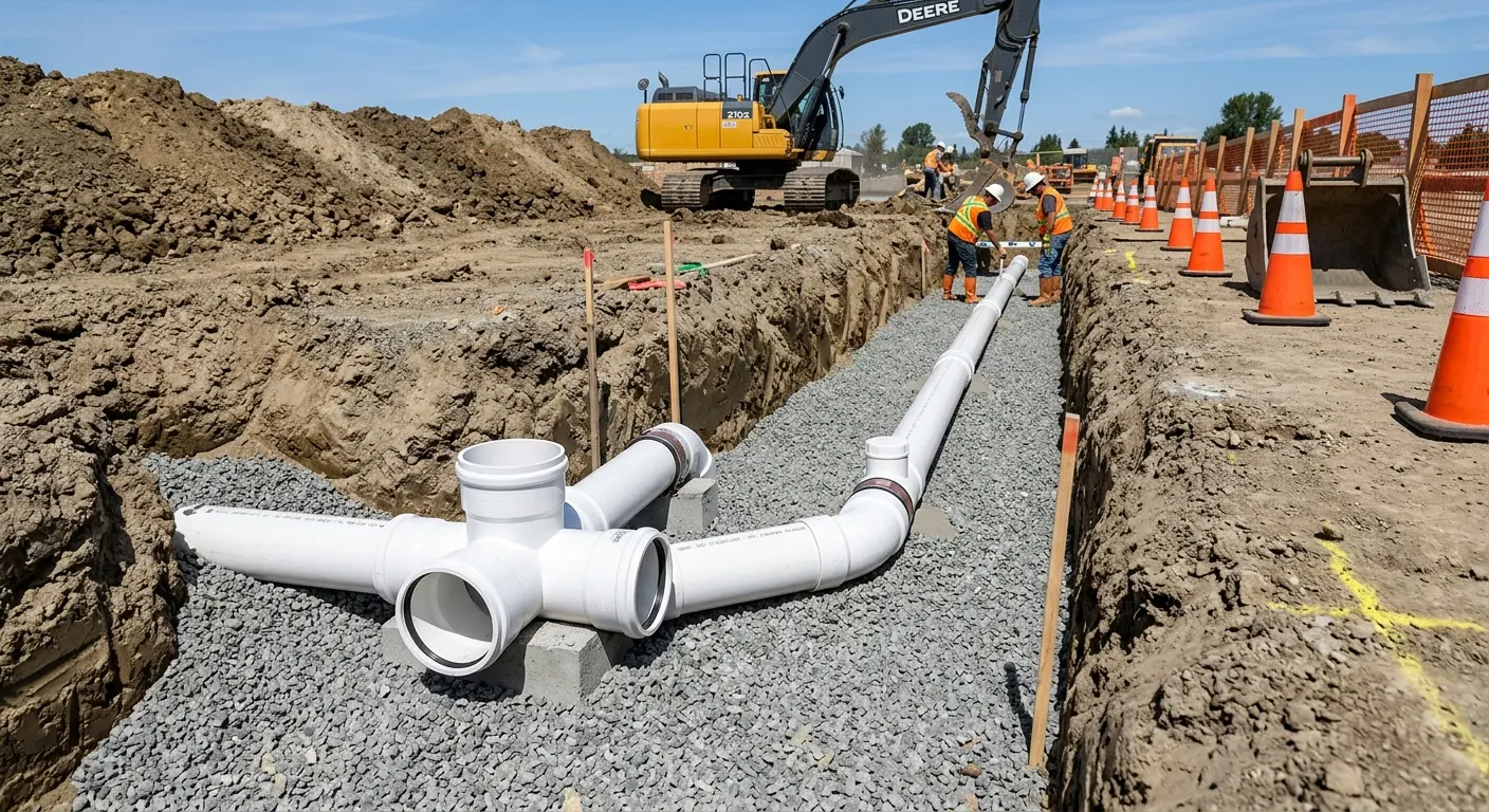 New PVC sewer pipe installation in open trench for Grease Trap Cleaning in Homer