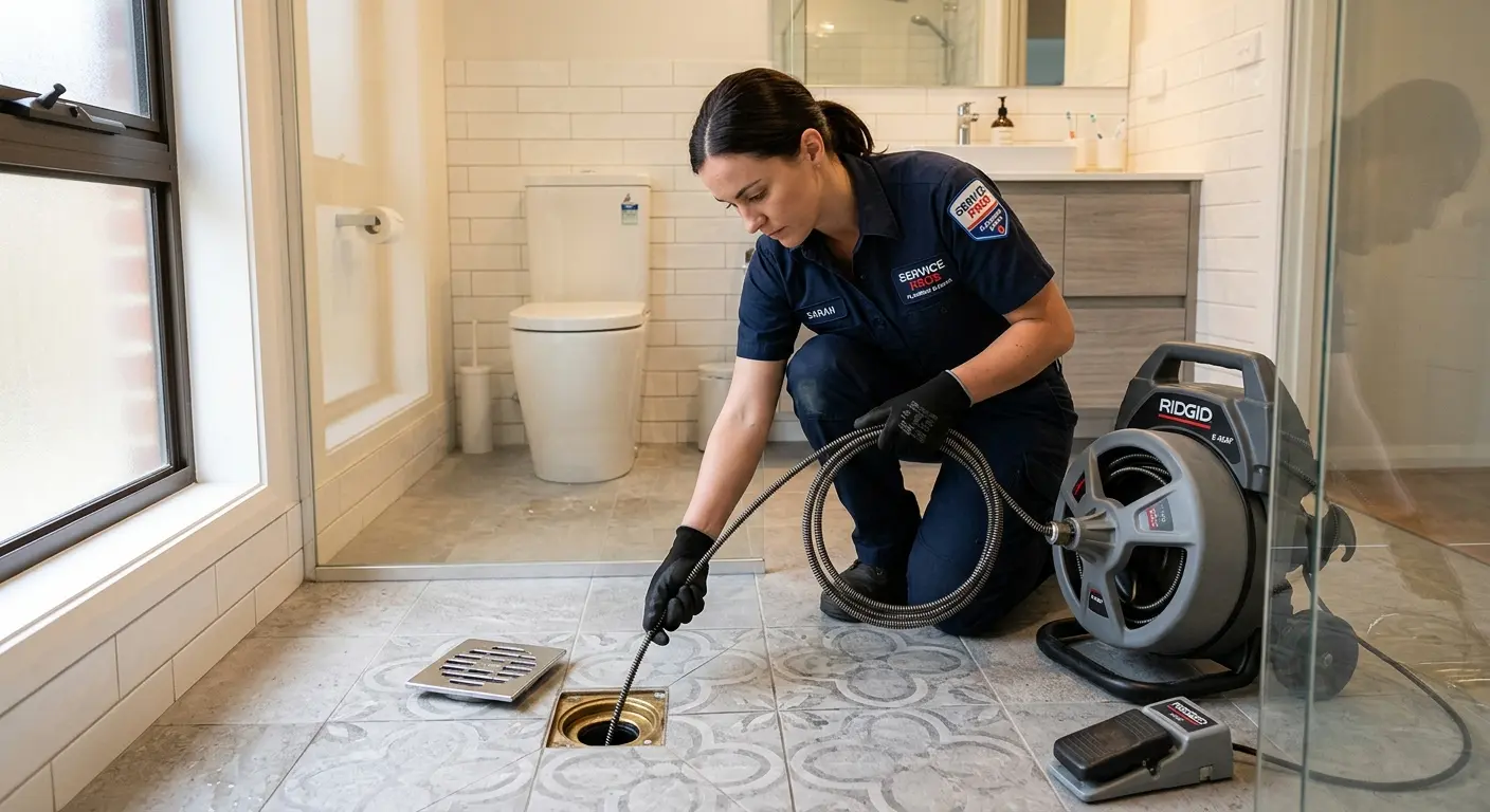 Technician clearing a bathroom floor drain for Drain Cleaning in Homer